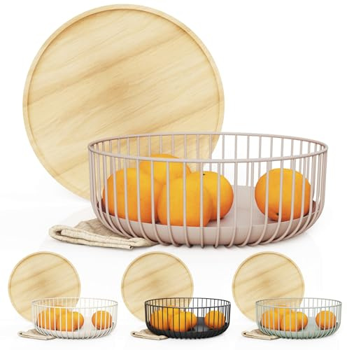 LIBKEN Cesta de frutas para cocina, cesta apilable multiusos con tapa de madera, metal con recubrimiento en polvo y madera de goma, cestas de alambre para organizar, diseño mínimo, 11.4 x 11.4 x 4.5
