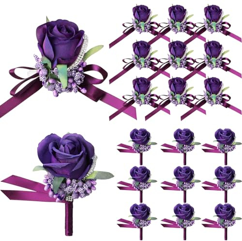 Geosar 20 Pcs Wedding Corsage and Boutonniere Set Homecoming Artificial Corsage Wristlet and Boutonniere for Men Women Bride Bridesmaid Wedding Flowers Accessories Prom Suit Decorations (Purple)