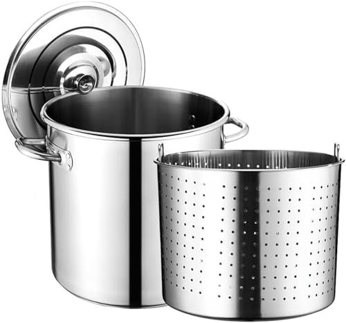 Versatile Stainless Steel Stockpot Large Cooking Stock Pot with Strainer Basket Crawfish Seafood Boiler Pot for Outdoor Cooking and Home Brewing,30L