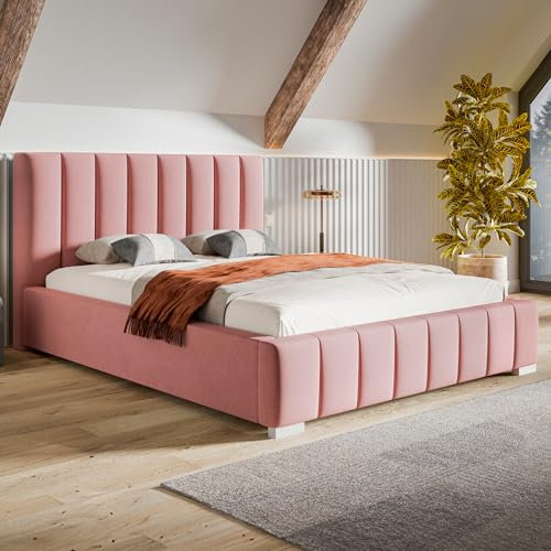 MOTIVENA Vigo Bett 120x200 Rosa Samt, mit Stauraum, mit Kopfteil, mit Lattenrost, mit Füßen, ohne Matratze, Polsterbett 120x200 mit Bettkasten Rosa
