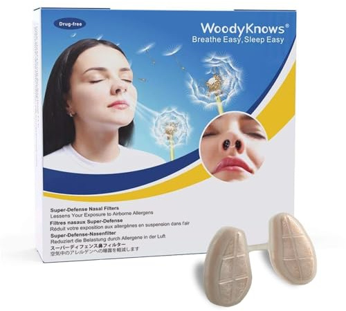 Filtri nasali WoodyKnows Super-Defensa, aiuto per le allergie stagionali e l'inquinamento industriale, protezione per il trasporto pubblico (Narice Stretta, S, 3 Filtri+24 Sostituzioni)