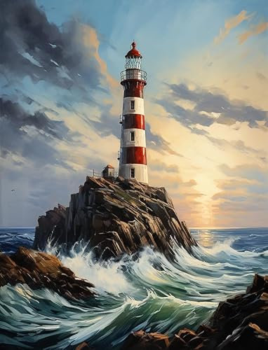 ZMHZMY Malen nach Zahlen Erwachsene,Hoher Leuchtturm mit ruhiger See DIY Handgemalt Ölgemälde Kits auf Leinwand Geschenk für Weihnachten Geburtstag Home Haus Deko - Ohne Rahmen