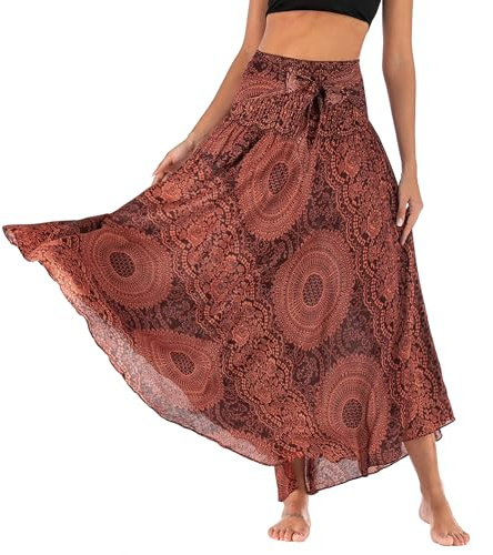Adigaber Lang Gedruckter Rock Damen Chiffon Bohemien Einheitsgröße Maxirock Verstellbares Riemen Kleid Urlaub Sommerrock Strandkleider