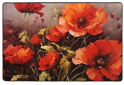 VducK Rechteckiger Teppich, rutschfest, Badezimmermatte, Badteppich, Ölgemälde, rote Blume, Flanellmatte für Wohnzimmer, Boden, Schlafzimmer, Büro, Küche