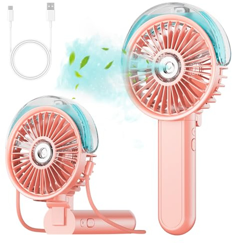 Mobiles Klimagerät - Tragbarer Handventilator mit Sprühnebel, 180° Faltbar, 3 Geschwindigkeiten, 30ml Wassertank, USB Wiederaufladbar für Reise, Camping, Zuhause, Büro (Rosa)
