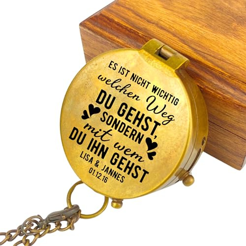 Lasernauten Personalisierter Kompass mit Gravur Wunschmotiv Liebe und Wunschtext Name Diverse Designs Messing Ledertasche Geschenkbox Geschenkidee (Vintage Optik)