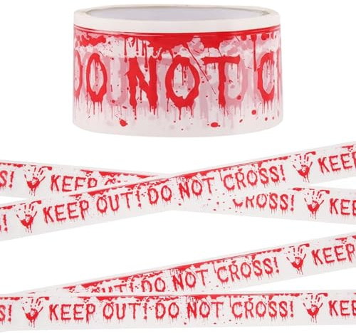 Halloween Absperrband Warnband Weiß Rot Horror Deko Gruselige Caution Tape | 48×250cm, Ideal als Ergänzung zu weiteren Halloween-Dekos wie Spinnen Geistern Blut-Deko, Halloween Deko Flatterband Outdoor