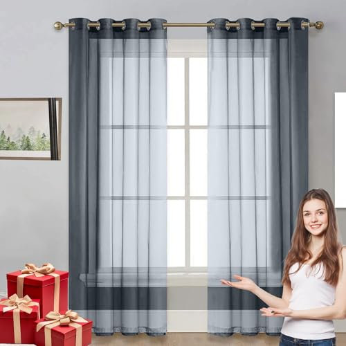 LIUNADM Verdunkelungsvorhang 125 x 185 cm Wärmeisolierend, Ösenvorhang Querbehang Gardine Durchsichtig Tüllstoff für Wohnzimmer Landhaus Kleine Fenster, Grau