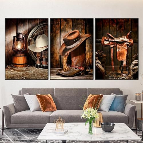 ZHAOLIN Western Cowboy Zubehör Leinwand Malerei Wandkunst Brauner Cowboyhut Stiefel Bilder Wanddekor für Wohnzimmer Dekoration 70X100cm(28x39in) X3 Rahmenlos