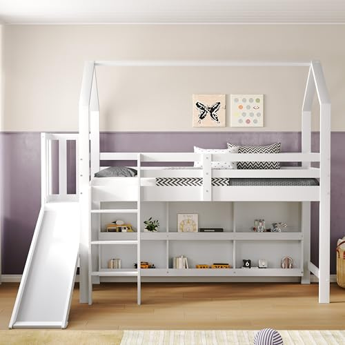 Etagenbett 90x200, Hochbett mit Rutsche & Treppen & Aufbewahrungsschrank & Regal, Multifunktionales Kinderbett Hausbett mit Lattenrost und Rausfallschutz, Funktionsbett Stockbett Jugendhochbett, Weiß