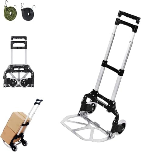 Pejevir Transportkarre Klappbar Aluminium bis 70kg, Faltbare Transportkarre mit Teleskopgriff, 2 Gummirädern und Bungee-Seil, Ladefläche mit Anti-Rutsch-Pads