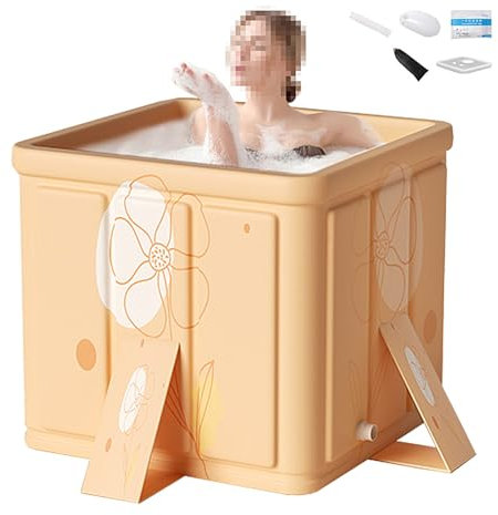 Baignoire Pliable Adulte pour Douche, Baignoire de Douche avec 2 Trous de Drainage, 8 Couches de Matériau Épaissi, Baignoire Carrée Capacité Portante 150kg(Yellow)