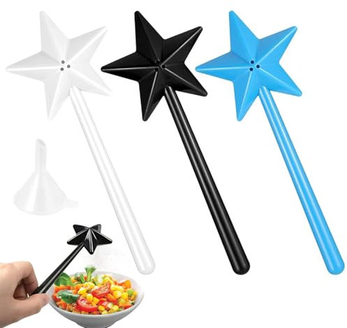 3 piezas salero varita mágica, 3 agujeros, varita mágica de estrella, salero y pimentero, divertido esparcidor de especias, varita mágica para cocinas y restaurantes con especias, negro, blanco y azul