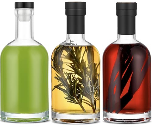 Danmu Art 750ml 3pcs Glass Bottles with T-Top lids, Cork Stoppers and Heat Shrink Film - For DIY Chili Sauce, Juice, Brewing, Beverages, Creative Gifts (High-White Glass)