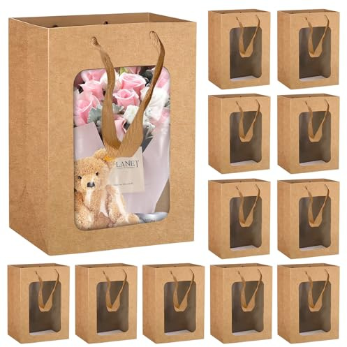 WANDGU 12 stycken kraftpapper presentpåsar med fönster: Kraftpapperspåsar med handtag, shoppingväskor, bärpåsar, presentpåse för födelsedag, bröllop, festförpackning, bankett (30 × 20 × 16 cm)