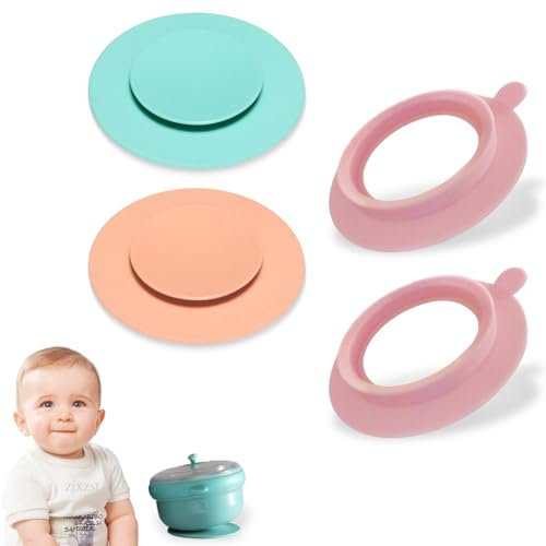 FENQURO 4 Pièces assiette ventouse pour bébé Assiettes à Succion pour Bébés et Jeunes Enfants, Assiettes à Séparation en Silicone sans BPA avec Couvercle, Lavable au Micro-Ondes et au Lave-Vaisselle