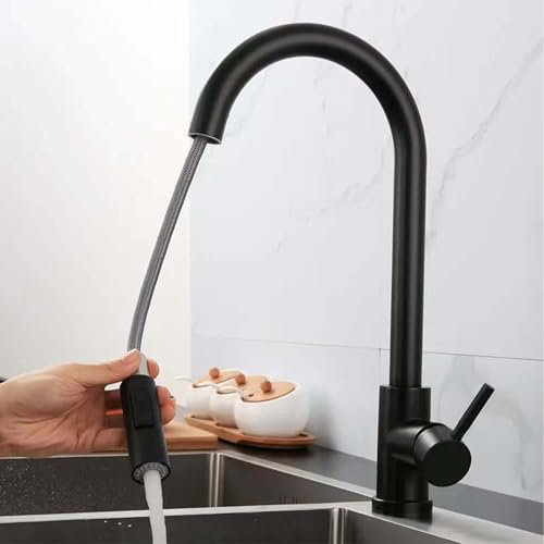 UUE Wasserhahn Küche, Küchenarmatur mit 2 Wasserstrahlarten, 360° Drehbar Mischbatterie Küche, Hochdruck Armatur Küche mit Herausziehbarer Brause, Edelstahl Küchenamertur für Küchenspüle, Schwarz