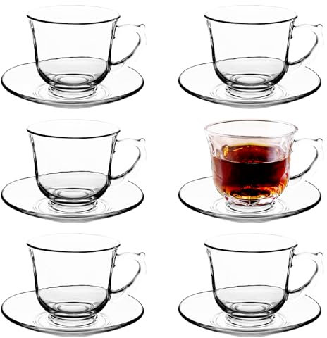 binsakao Set di 6 tazze da tè e piattini in vetro, tazze da caffè in vetro, per espresso, cappuccino, latte, tè, lavabili in lavastoviglie e microonde (240 ml)