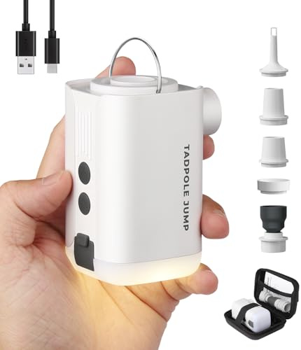 3600mAh 5.5Kpa Portable Air Pump for Inflatables, Cordless Rechargeable Mini Electric Pump for Mattress, Pool Floats, Vacuum Storage Bags, 3-in-1 Camping Essentials Camping Light & Power Bank