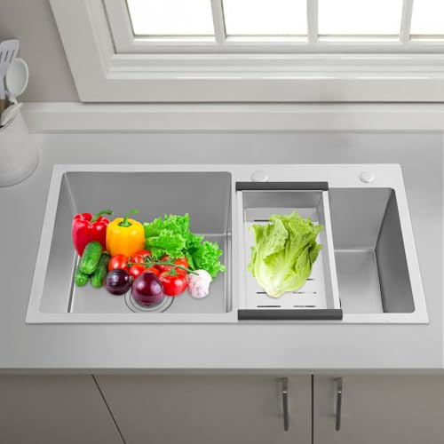 ROMYIX Stainless Steel Kitchen Sink, Double Bowl Undermount Sink 78 * 43 * 21cm, High-Quality Steel with Soundproof Pad & Anti-Condensation,Drainer, Includes Basket Strainer