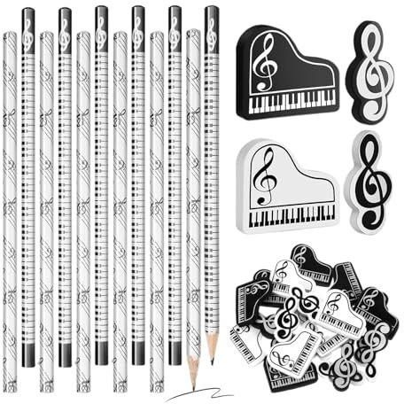 Nadsrpn Set di matite in legno – Set di matite musicali e gomme da cancellare, divertenti a tema musicale, articoli di cancelleria per scrittura, schizzi, redazione, lezioni di matematica, studenti