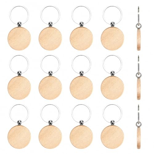GONZTEL 12 Stk Personalisierte Runde Leer Rohling Schlüsselanhänger Holz, Blanko Holzschlüsselringe Zum Bemalen Beschriftbar Für DIY Dekoration Geschenke Schlüsselbund