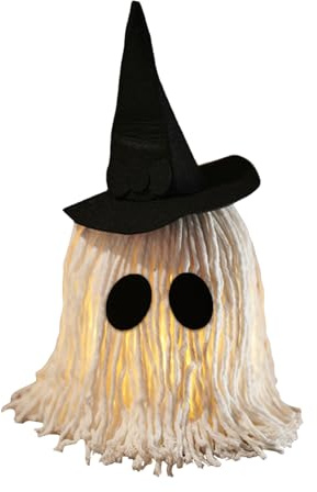 Halloween Decorations Light Up Ghost, Tabletop Mop Ghost with Witch Hat, Glowing LED Prop, Cute Scary Accent for Haunted House, Porch, Lawn, Escape Room, Garden Display, 40 x 18 cm