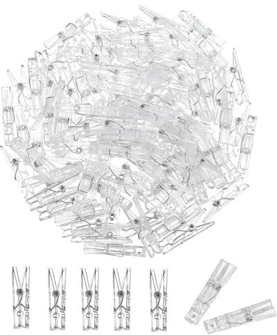 200 Stück Durchsichtige Mini Klammern, Transparente Kunststoff Wäscheklammern, Kleine Hängende Clips und Schellen für Fotos Aufhängen, Lichterkette und Frühling Dekoration 2.5CM