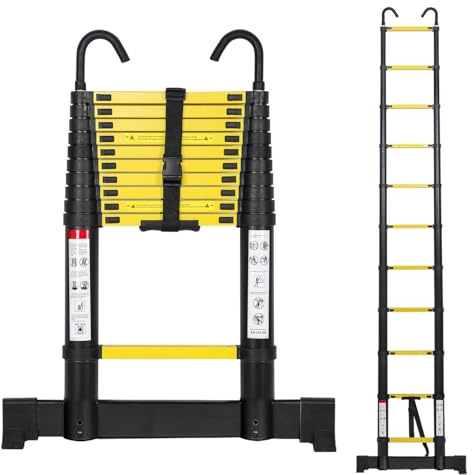 Cecaylie Teleskopstege i aluminium, 3,2 m, utdragbar stege med stabilisator och avtagbar krok, halkfri aluminiumledare stående stege, multifunktionsstege, 150 kg lastkapacitet, svart-gul