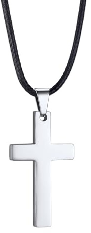 PROSTEEL Cross Necklace Mens, Silver Cross Pendant with Leather Necklace Waterproof Wax Rope Chain 20 Inches -Send Gift Box