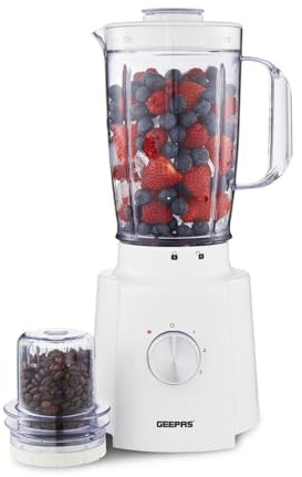 GEEPAS 2-in-1 Food Jug Blender | 1.6L Juice Jar & 100G Mini Coffee Spice Grinder 4-Leaf Stainless-Steel Blades 3 Speed & Pulse Safety Lock | Smoothie Maker for Ice Crushing 650W White (Renewed)