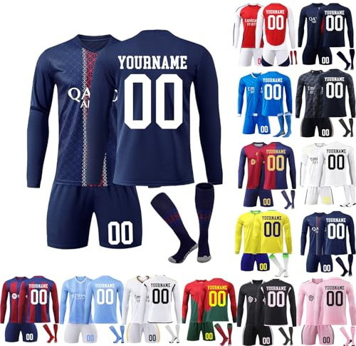 24/25/26 Home/Away Football Jerseys Shirt Kits,Personalized with Name Number Team Long Sleeves Football Uniform for Boys Girls,Soccer Boys' Training T-Shirts Shorts and Socks (Personalised Kit 1)