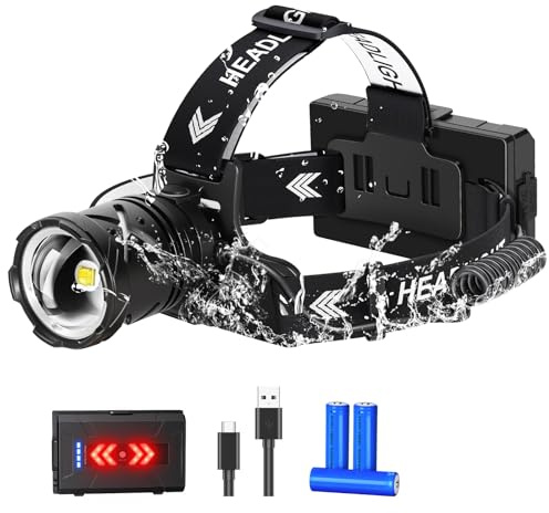 Spardar 120000 Lumens Stirnlampe, 9000 mAh, IPX7 Wasserdicht | Kopflampe Stirnlampe Aufladbar, 120° Verstellbare, 7 Modi zur Auswahl& Zoombar, Geeignet für Outdoor-Camping, Jagd und Laufen