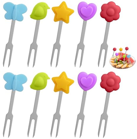 HMCEY 10 PCS Tenedores de Frutas 7 CM,Tenedores Postre Acero Inoxidable,Tenedor Aperitivos de Ensalada con Decoración de Silicona,Food Picks,Palillos Decorativos para Tarta para Casa, Restaurante
