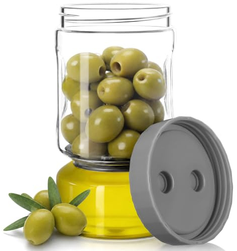 VINATO 930ml Bote para Aceitunas con Escurridor, Cristal Recipiente Encurtidos, Tarro Aceitunas Hermético Capovolteable, Sin BPA, Apto Lavavajillas, Tarro de Cristal para Pepinos Olivas Kimchi(Gris)