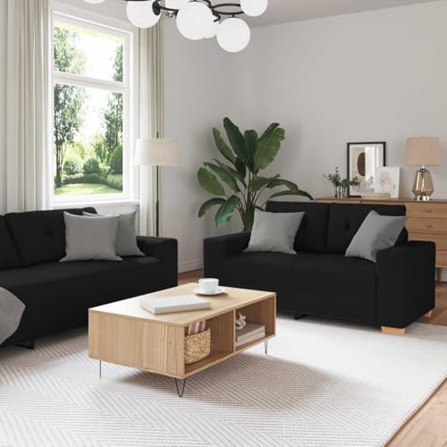 WDGJJFECNMUEHI Modernes Sofa Set 3-TLG Schwarz Leinen Wohnzimmer Couchgarnitur mit Sessel, 2-Sitzer und 3-Sitzer Sofa, 221 cm Breite, Bequem & Stilvoll für Familien & Gäste