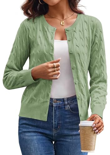 GRACE KARIN Women's Cable Knit Cardigans Crew Neck Lightweight Long Sleeve Crop Knitwear Crochet Button Up Cardigan Jumper Shrug