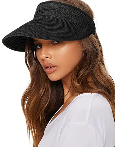 Women's Straw Sun Visor Hat, Wide Brim UPF UV Protection, Packable Ponytail Beach Visor for Summer Outdoor Travel