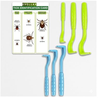 Evollax Tick Removal Tool – 6 Pack Tick Remover Tool for Humans and Pets | Tick Removal Kit Includes Tick Identification Card | Tick Prevention for Dogs and Cats Safely Remove Entire Tick Head & Body