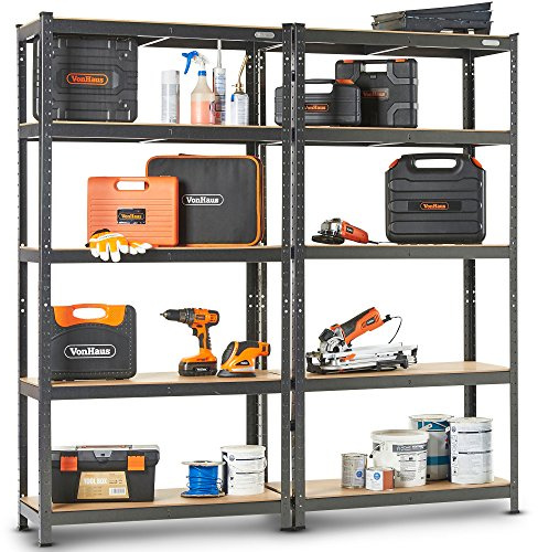 VonHaus Pack of 2 Garage Shelving Unit - 1.8m Heavy Duty Racking for Home, Shed and Garage Storage - 5-Tier Hammered Grey Shelving Units with 875Kg Total Capacity - 175kg Capacity Per Shelf