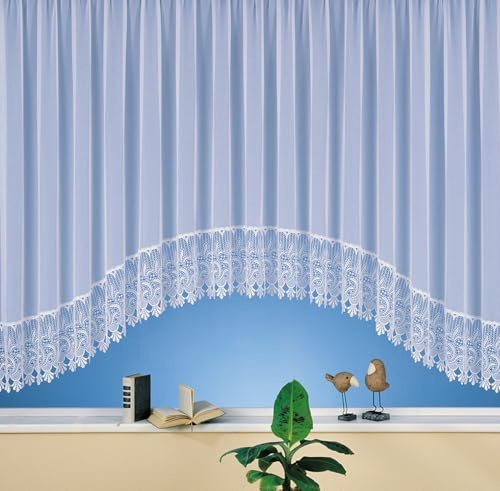 heimtexland C-Bogen Store Gardine aus edlem Websablé mit echtem Makramee-Sockel in rein weiß - HxB 145x750 cm für Dekorationsbreite 245-300 cm - Ökotex Macramée Vorhang Typ516