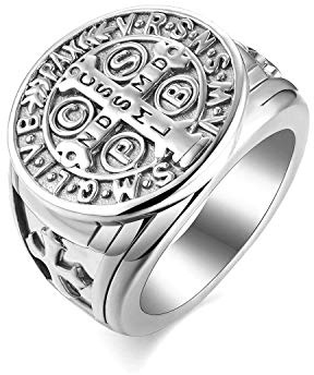 JewelryWe Schmuck Retro Herren-Ring Edelstahl Exorcism St Benedict Kreuz Ring Dämon Schutz Ghost Hunter CSBP katholischen Siegelring Bandring Band mit Gravur Silber/Gold Größe 57 bis 70
