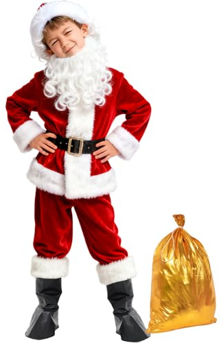 Fanng Boys Santa Claus Costume Size L 9PCS Set Red Velvet Suit with Hat and Belt for Christmas
