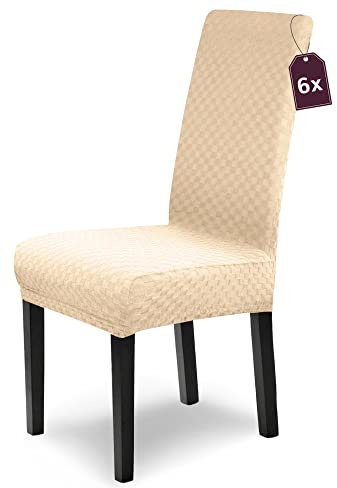 Scheffler Home Stuhlhussen 6er Set Creme für Schwingstühle Karo Emil | Waschbare Stuhlbezüge, Öko-Tex zertifiziert, Stretch Chair Cover für Freischwinger und Esszimmerstühle