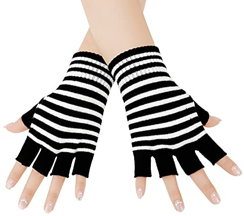 Bienvenu Unisex Fingerless Gloves, Warm Knitted Stripes Half Finger Gloves, Black