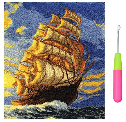 HuaHong Knüpfteppich Zum Selber Knüpfen Gross, Schiff Bedruckter Leinwand Teppich Knüpfen Set für Erwachsene 110 x 95 cm (Color : Large Sailboat)