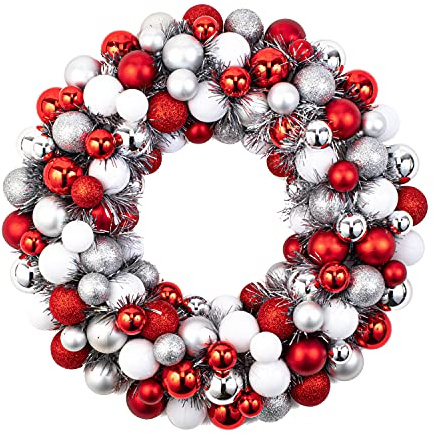 Costyleen 40,6 cm Weihnachtskranz für Zuhause, Party-Dekorationen, Weihnachten, Haustür, dekorativ, zum Aufhängen, Weihnachtskränze, Kugel-Ornamente, mehrfarbig, rot, weiß, silber