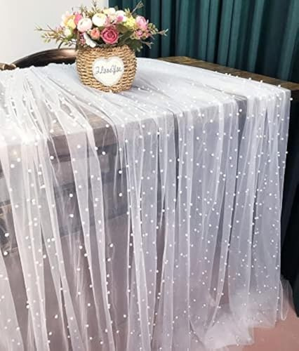 White Table Runner Wedding Veil Beaded Pearl Lace Fabrics Table Decorations Soft Tulle Tablecloth with Big and Small Pearls 120 Length