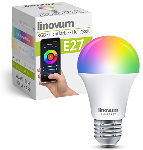 linovum Smart LED Glühbirne E27 9W RGBW WLAN dimmbar Alexa Google App | Smarte E27 Lampe mit RGB & Weißtönen - per App & Alexa steuerbar, warmweiß bis tageslicht, 16 Mio. Farben, 9W, ohne Hub