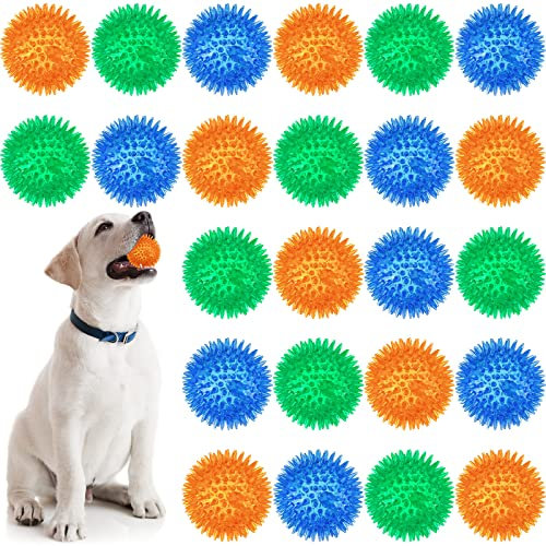 Quietschendes Hundespielzeug, 6,4 cm, stacheliges Kauspielzeug, TPR, Welpen, Apportierbälle für kleine, mittelgroße Hunde, aggressive Kauer, saubere Zähne und Training, Blau, Grün und Orange, 24 Stück